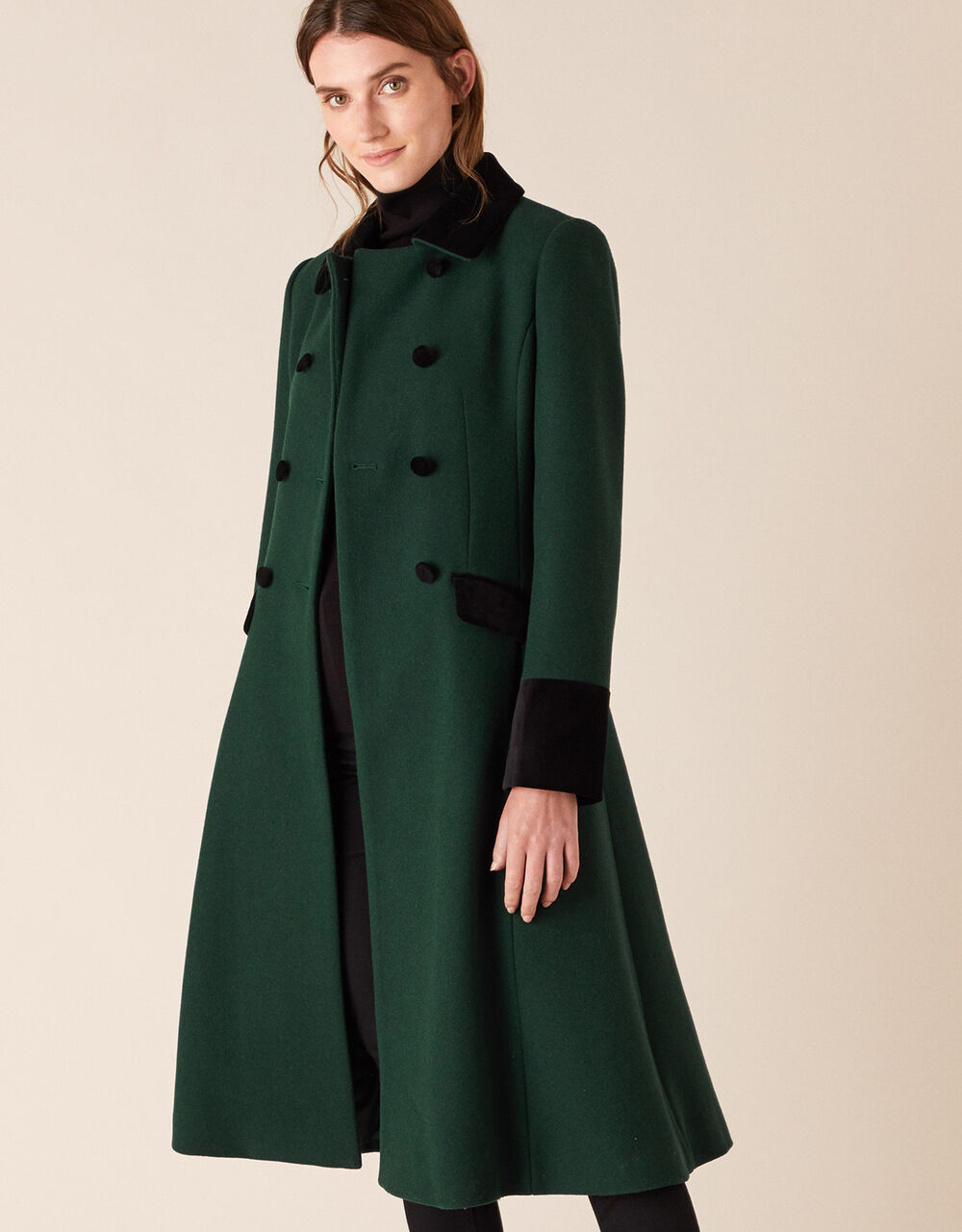 Opera Skirted Coat in Wool Blend Green | Women's Coats | Monsoon Global.