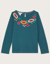 Floral Embroidered Long Sleeve T-Shirt, Teal (TEAL), large