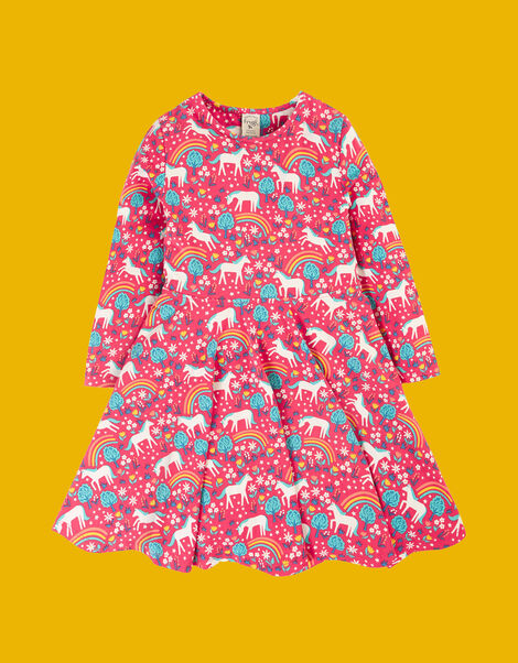 Frugi Unicorn Print Skater Dress, Pink (PINK), large