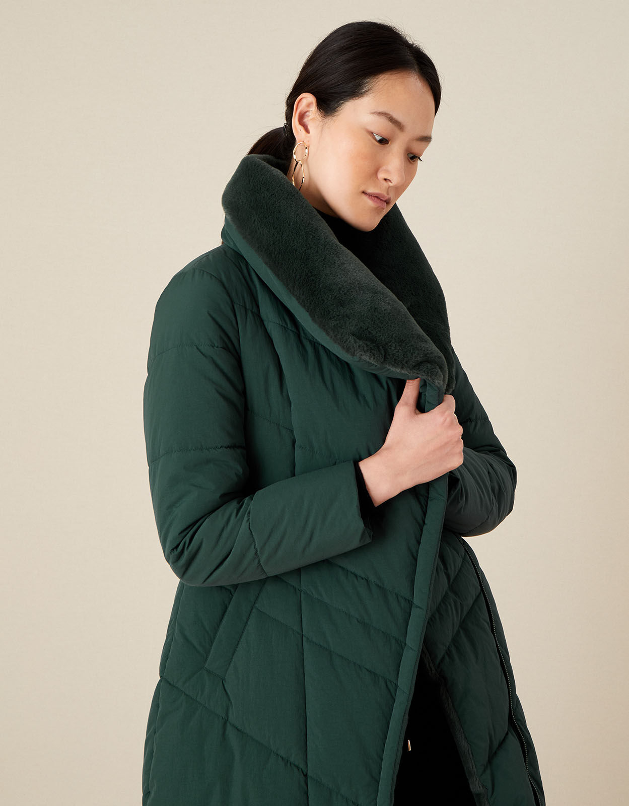 Beverley Faux Fur Collar Coat Green | Women's Coats | Monsoon US.