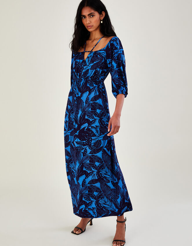 Bardot Leaf Print Jersey Maxi Dress, Blue (BLUE), large