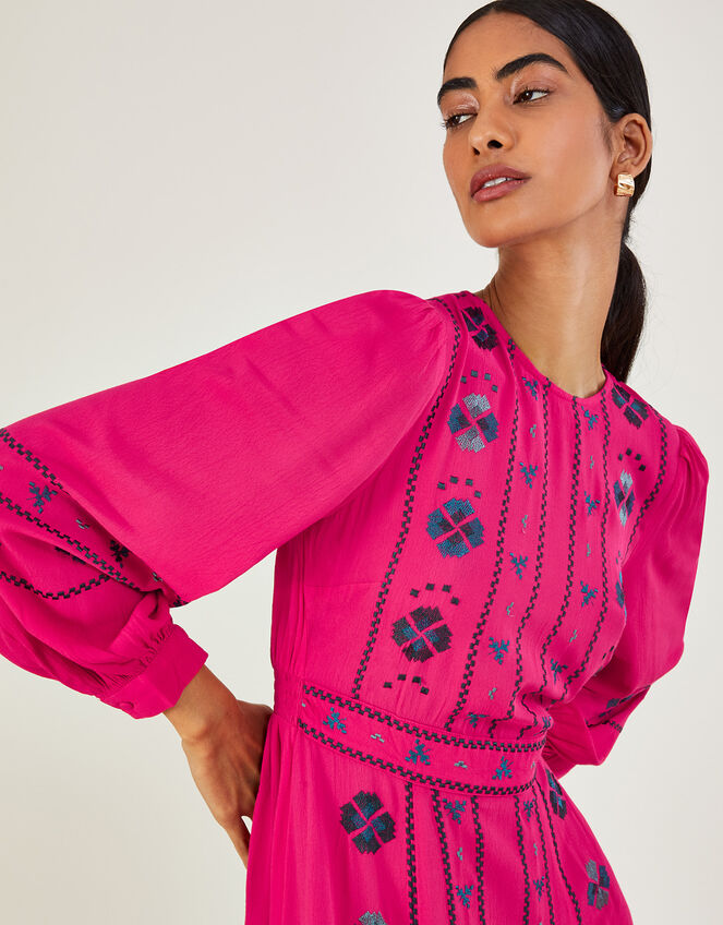 Elliana Embroidered Midi Dress in Sustainable Viscose Pink