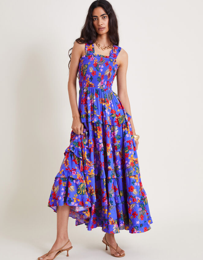 Miley Floral Smocked Ruffle Maxi Dress, Blue (BLUE), large