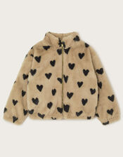 Fluffy Heart Print Zipper Fleece Jacket, Natural (STONE), large