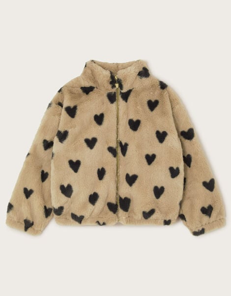 Fluffy Heart Print Zip Fleece Jacket, Natural (STONE), large