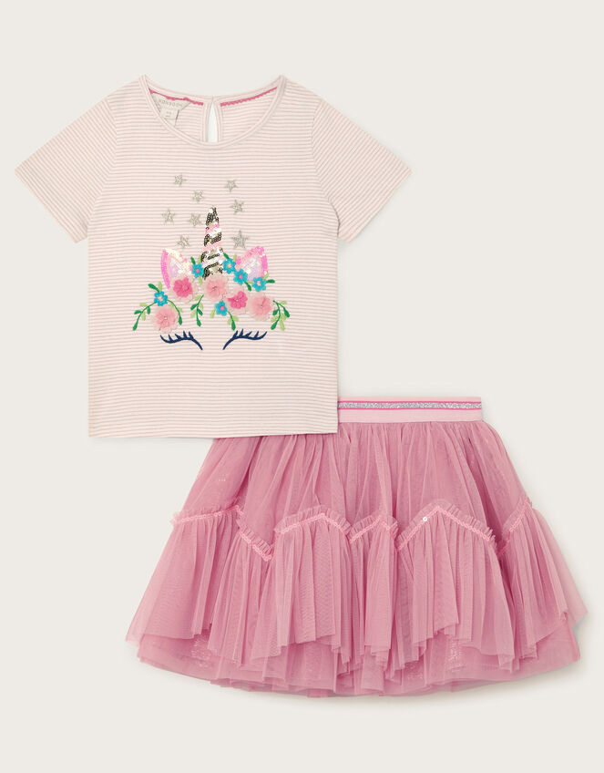 Embellished Unicorn Top and Skirt Set, Pink (PINK), large