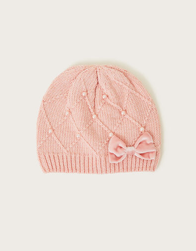 Pearly Cable Knit Beanie Hat, Pink (PINK), large