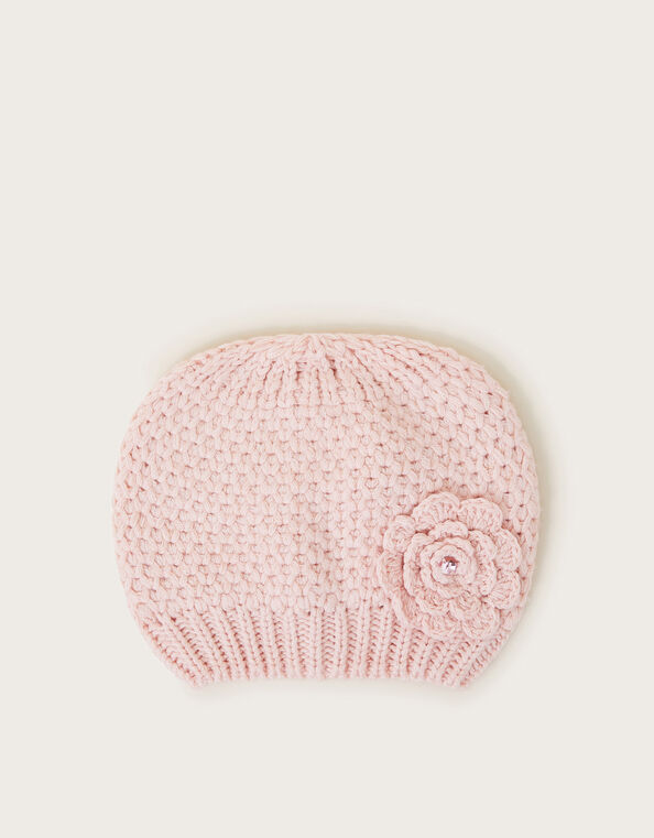 Flower Knit Beanie Hat, Pink (PINK), large