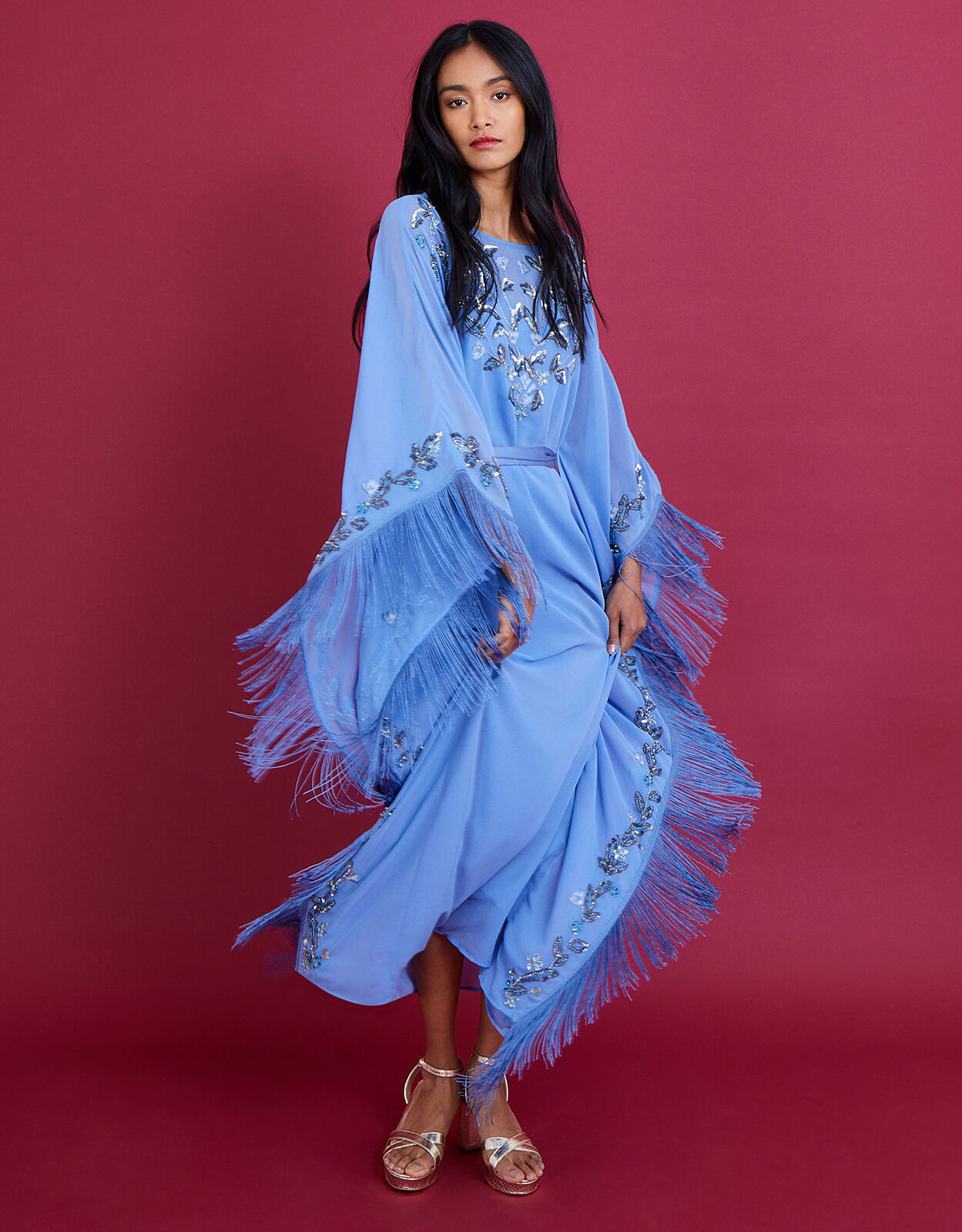 Emma Embellished Fringe Kaftan Dress in Recycled Polyester Blue