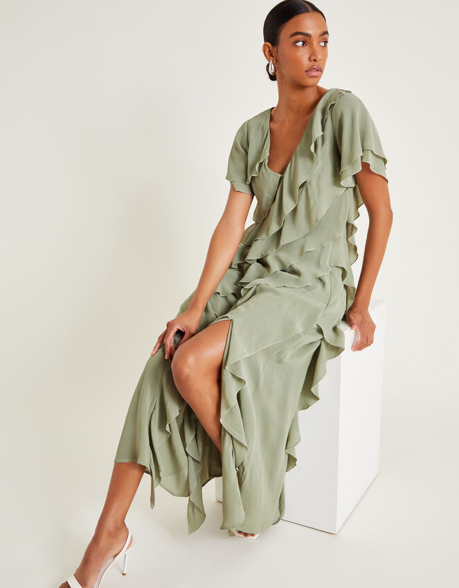 Renata Ruffle Midi Dress, Green (SAGE), large