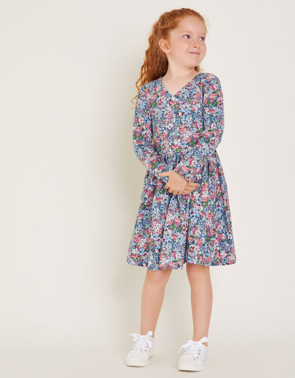 Long Sleeve Floral Print Jersey Dress, Blue (BLUE), large