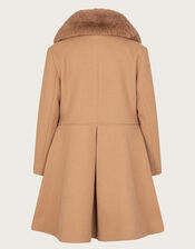 Faux Fur Collar Bow Swing Coat, Camel (CAMEL), large