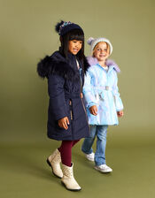 Belted Faux Fur Hooded Coat, Blue (NAVY), large