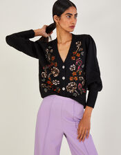 Floral Sequin Embellished Cardigan, Black (BLACK), large