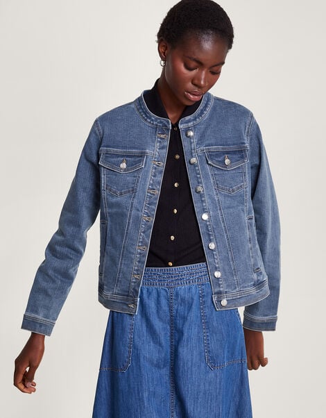 Cassey Collarless Denim Jacket with Sustainable Cotton, Blue (DENIM BLUE), large