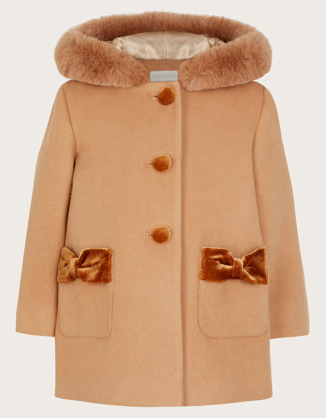 Baby Velvet Contrast Hooded Coat, Camel (CAMEL), large