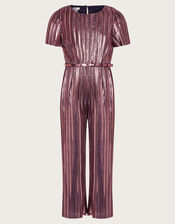 Metallic Plisse Belted Jumpsuit, Gold (ROSE GOLD), large