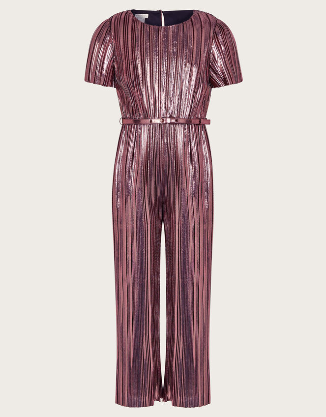 Metallic Plisse Belted Jumpsuit, Gold (ROSE GOLD), large