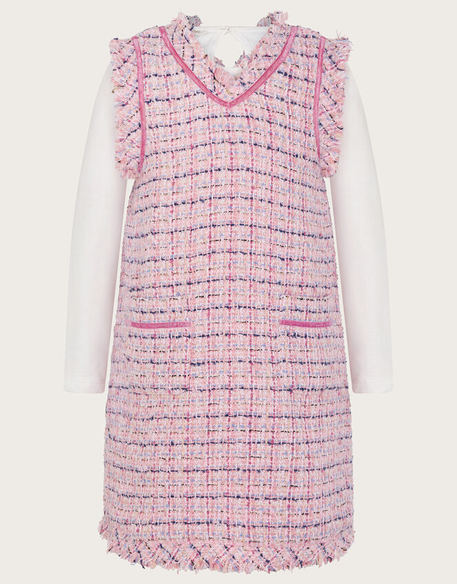 Tweed Pinafore Dress with Long Sleeve T-Shirt, Pink (PINK), large