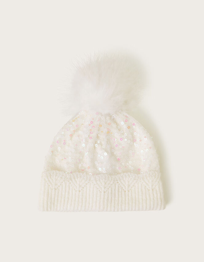 Lizzie Sequin Pom-Pom Beanie, Ivory (IVORY), large