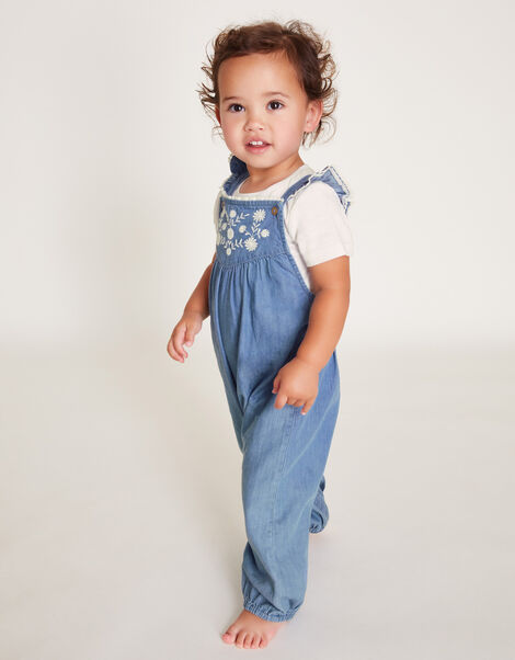 Baby Chambray Embroidered Dungarees, Blue (BLUE), large