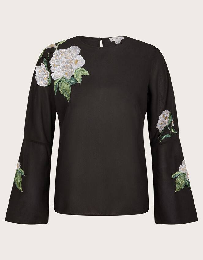 Ariah Floral Satin Blouse, Black (BLACK), large