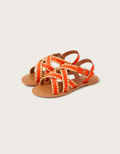 Leather Criss-Cross Flat Sandals, Orange (ORANGE), large