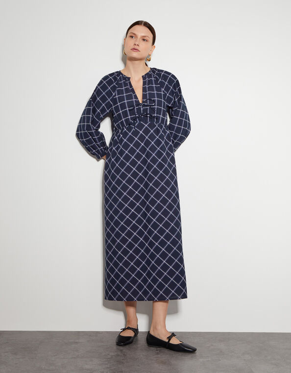 Frankie Tie Front Check Print Midi Dress, Blue (NAVY), large