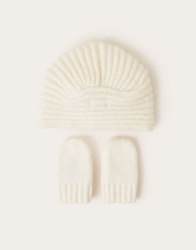 Baby Velvet Bow Knit Hat and Mittens, Ivory (IVORY), large