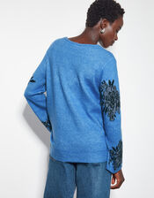 Jess V-Neck Floral Jacquard Sweater, Blue (BLUE), large