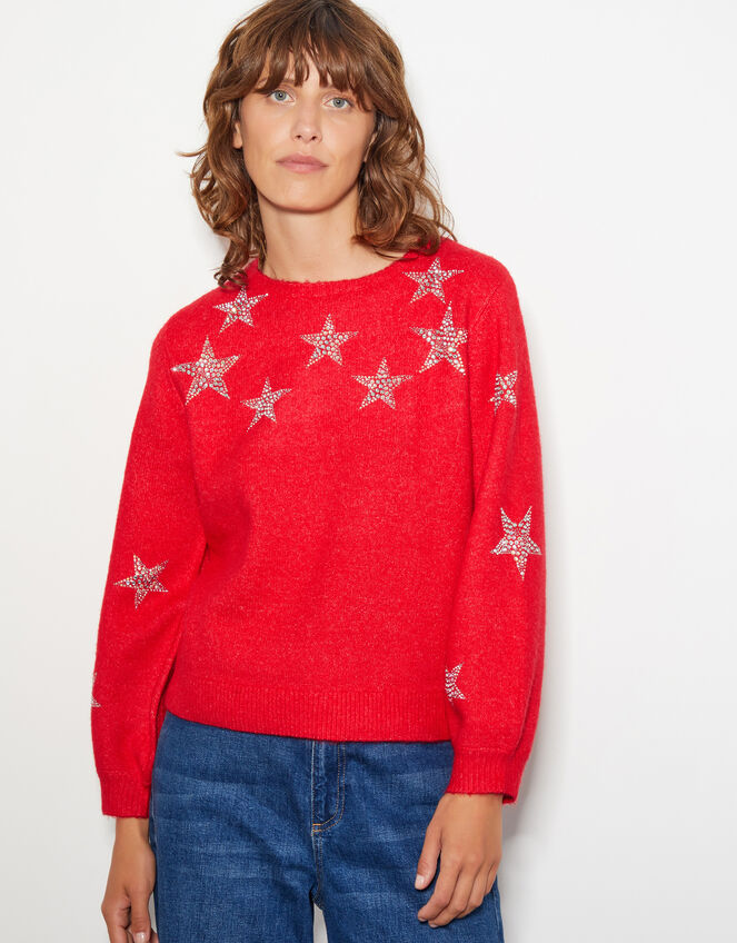 Sabrina Embellished Star Sweater, Red (RED), large