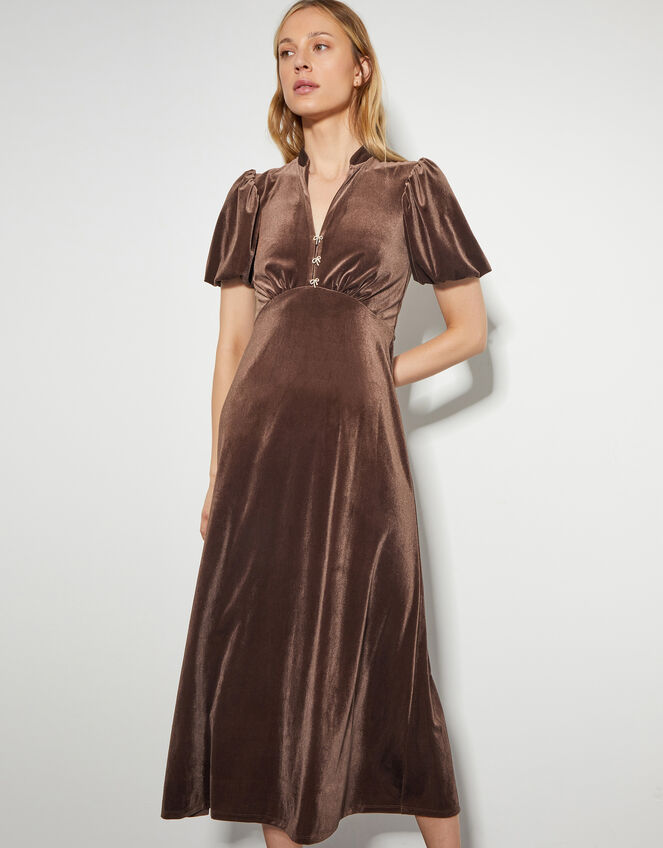 Veronique Velvet Bow Midi Dress, Brown (CHOCOLATE), large