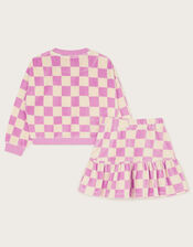 Checkered Velour Sweatshirt and Skirt Set, Purple (LILAC), large