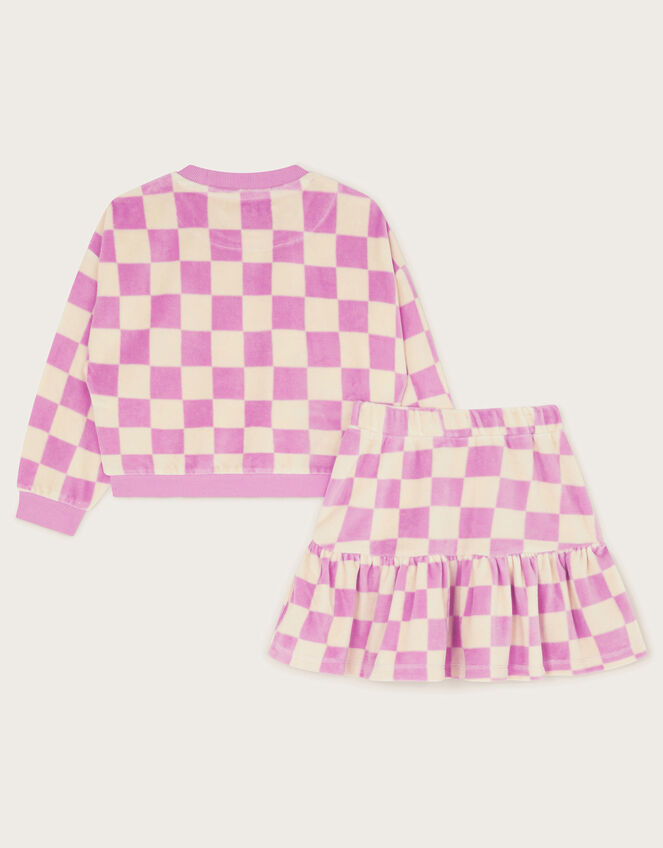 Checkered Velour Sweatshirt and Skirt Set, Purple (LILAC), large