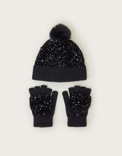 Sequin Pom Beanie and Gloves Set, Black (BLACK), large