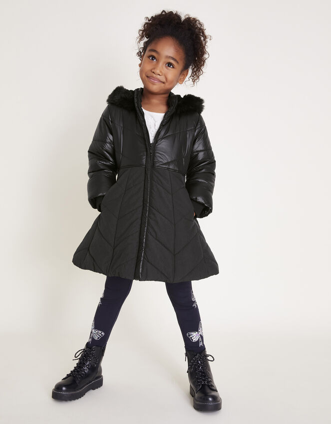 Faux Fur Hooded A-Line Puffer Coat, Black (BLACK), large