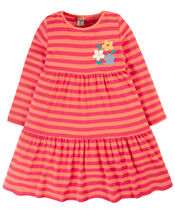 Frugi Stripe Tiered Long Sleeve Dress, Red (RED), large