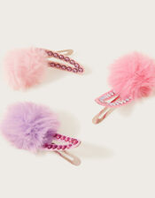 Mini Faux Fur Pom-Pom Hair Clips Set of Three, , large