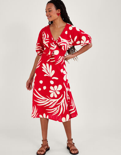 Abstract Palm Print Tie Front Midi Dress, Red (RED), large