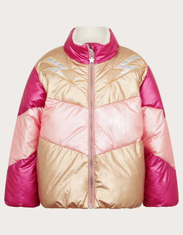 Colorblock Metallic Puffer Jacket, Pink (PINK), large