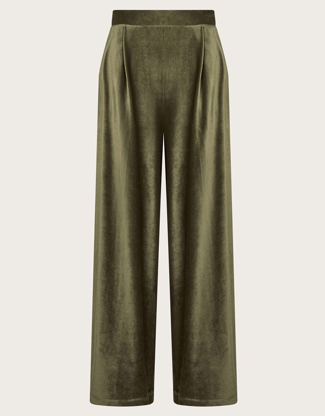 Shay Rib Velour Wide Leg Trousers, Green (KHAKI), large