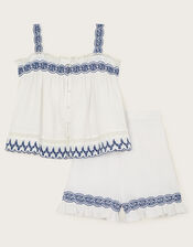 Embroidered Frill Top and Shorts Set, White (WHITE), large