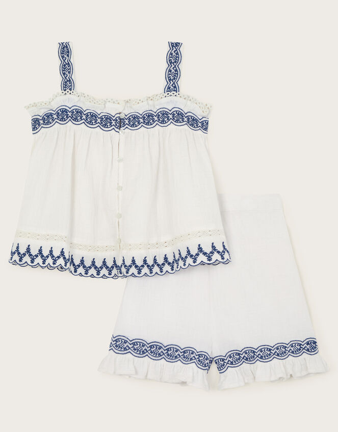 Embroidered Frill Top and Shorts Set, White (WHITE), large