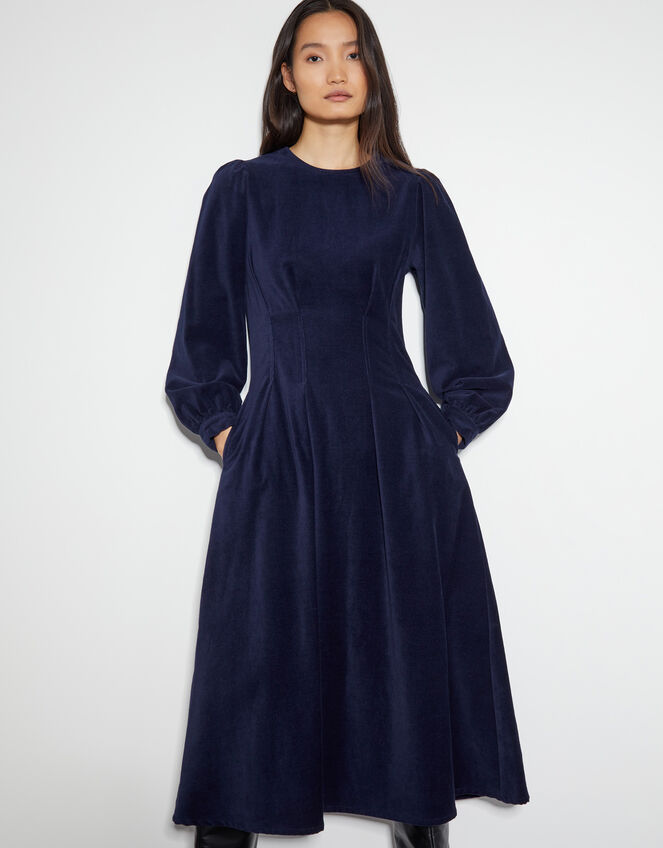 Eileen Seamed Velvet Dress, Blue (NAVY), large