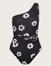 Luna Floral One-Shoulder Swimsuit, Black (BLACK), large