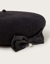 Diamante Bow Wool Beret, Black (BLACK), large