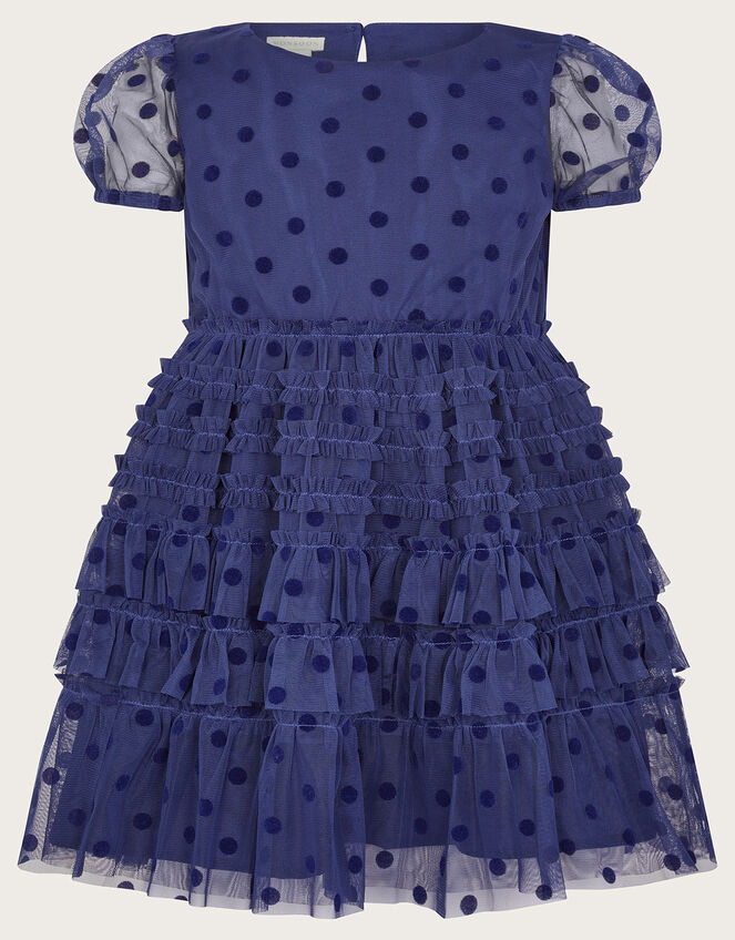 Spot Flock Mesh Tiered Dress, Blue (BLUE), large