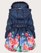 Hooded Floral Print Puffer Coat, Teal (TEAL), large