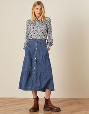 Tiered Denim Midi Skirt, Blue (DENIM BLUE), large