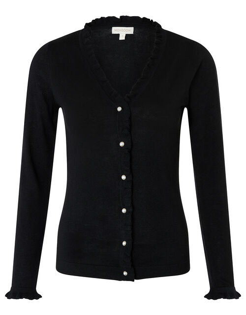 Frilled Knit Cardigan with Faux Pearl Buttons Black | Cardigans ...